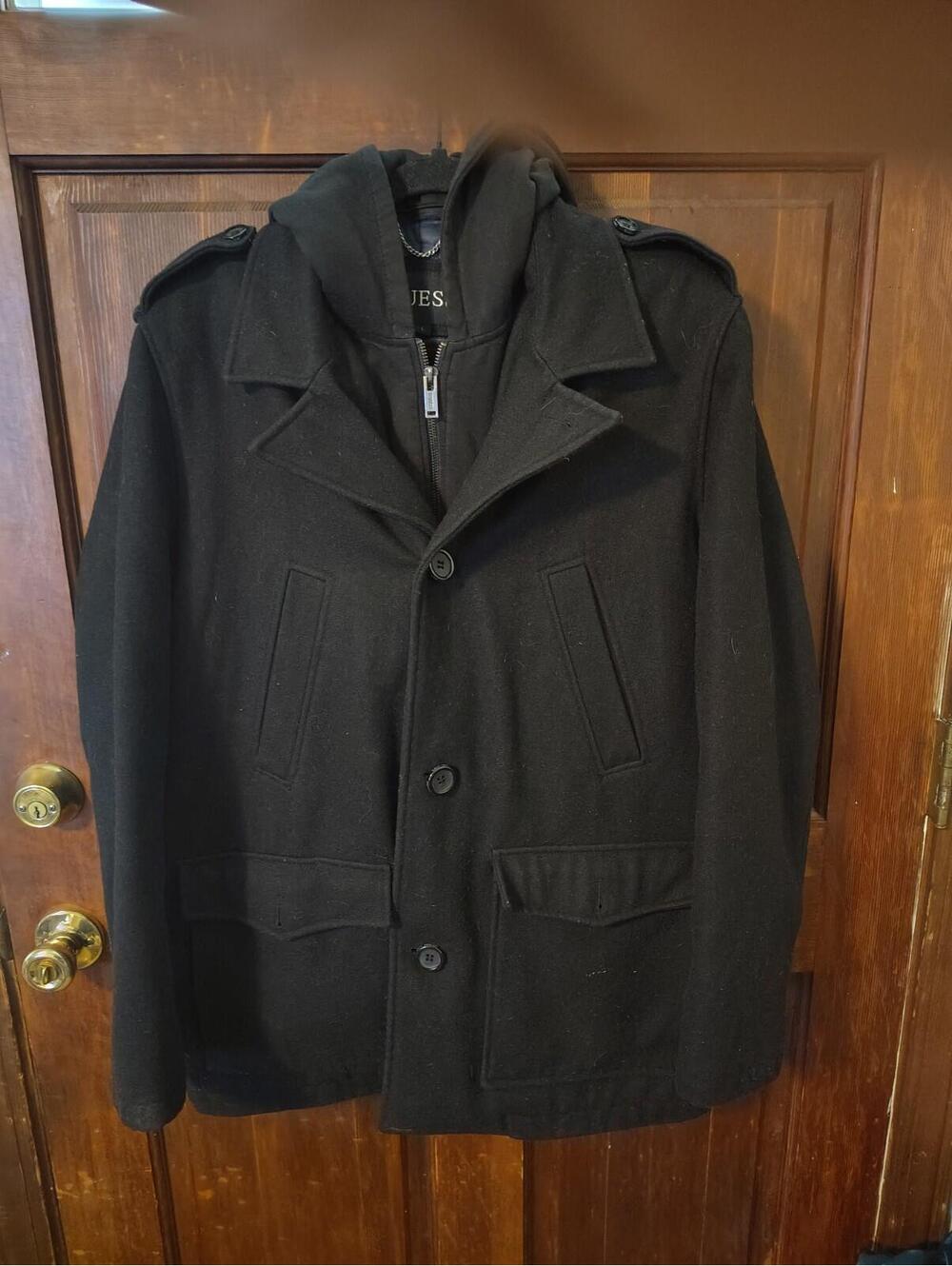 Guess Wool Blend Coat Mens Size L Button Front Black Jacket Insulated